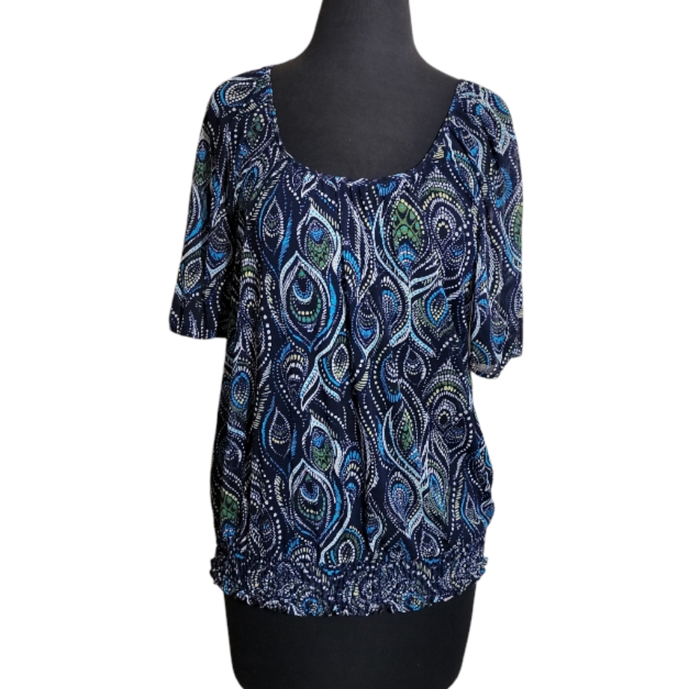 Apt 9 blue paisley peasant blouse scoop neck short sleeve sheer top size  medium